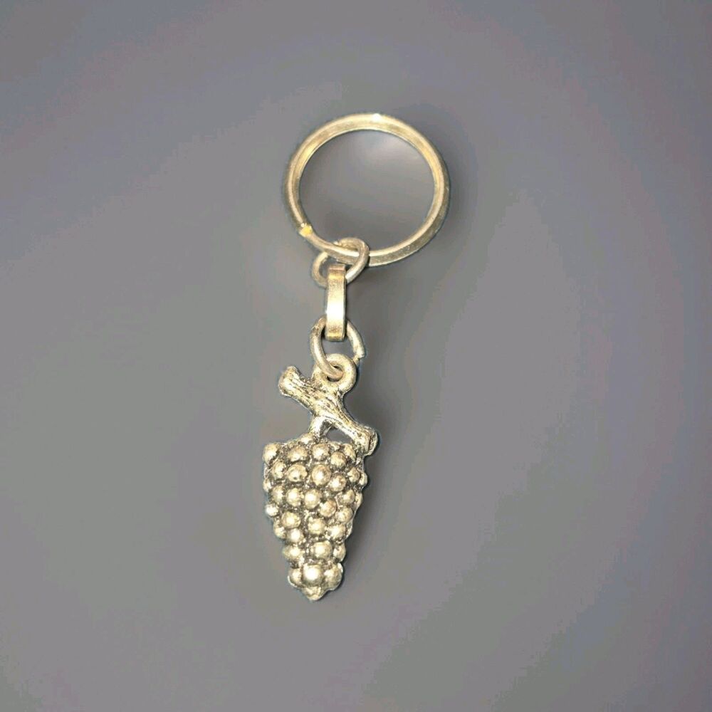 Grape Cluster Charm Keychain Key Ring Silver Tone Metal Food & Wine Theme